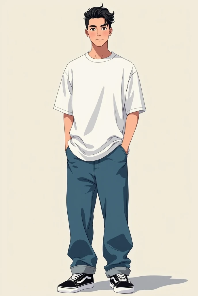 Oversized clothing, plain white t-shirt, thick denim, black VANS sneakers, male, slicked back, center parting, front, full body, anime-like face, high school age