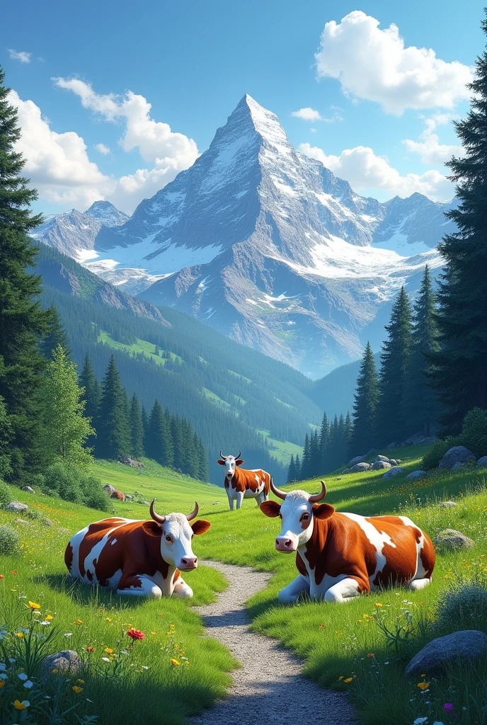 The image is a landscape photograph of a mountain range. The sky is blue with white clouds scattered across it. The mountains are covered in snow and the peaks are visible in the distance. In the foreground, there are three cows lying on a grassy field. The cows are brown and white in color and appear to be resting or lying down. The field is surrounded by trees and there is a gravel path leading up to the mountains. The overall mood of the image is peaceful and serene.