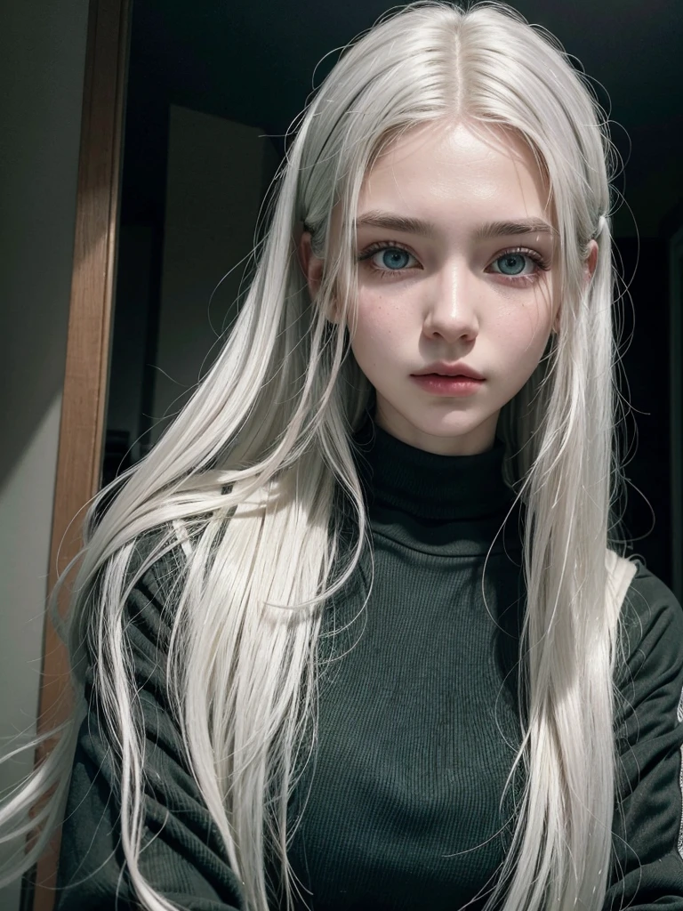 20 year old woman, White hair, Long hair, straight hair, clear skin, green eyes, staring at the camera, influencer, black clothes