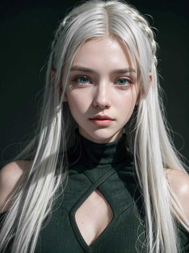 20 year old woman, White hair, Long hair, straight hair, clear skin, green eyes, staring at the camera, influencer, black clothes