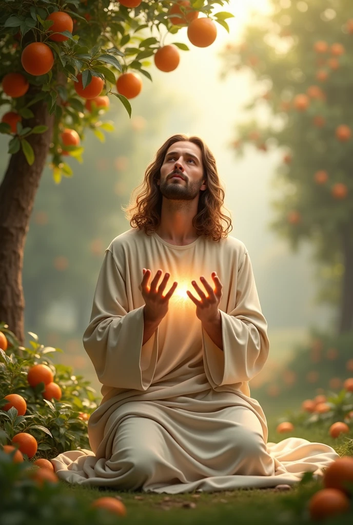 (photorealism:1.2), handsome Jesus Christ, praying kneel under the trees that full of clouds and sorrounded of many fruits, wearing white king clothes with light in his head and heart spreading all over, perfect five finger, Jesus Christ beautiful hair, outdoors, soft lighting, clouds in background, beautiful sunlight, perfect paradise and clouds, relaxed pose, realistic, intricate details, warm colors, 