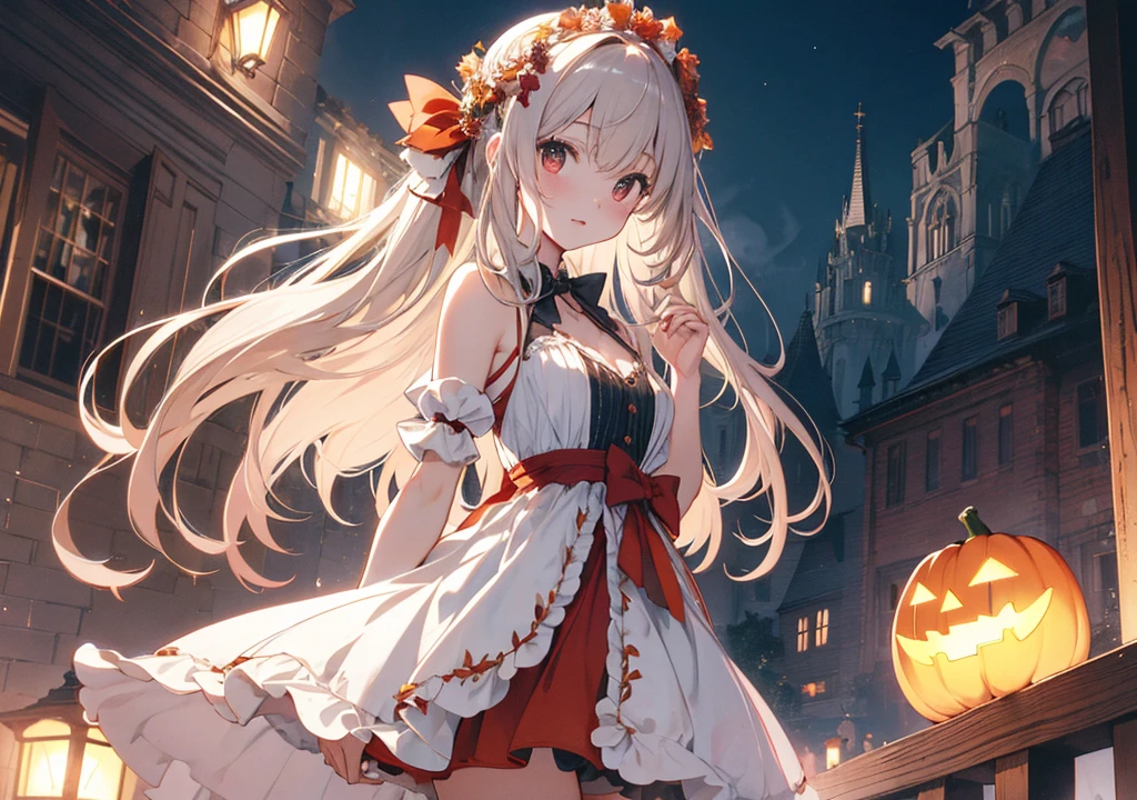Realistic photos, Focus distance 10mm, Red and white, Beautiful girl, Realistic photos, Shooting at focus distance 10mm, masterpiece, 最high quality, high quality, Very detailed CG 8k wallpaper unit, Award-winning photography, Depth of written boundary, High resolution, bloom, chromatic aberration, Realistic, Very detailed, Art Station Trends, CGsociety Trends, Complex, High detail, dramatic, Art on the go, volumetric lighting, On Halloween night, a Disney princess-esque girl walks through the castle courtyard with a ghostly sense of floating. In the background, there are spooky pumpkin lanterns and a mysterious mist