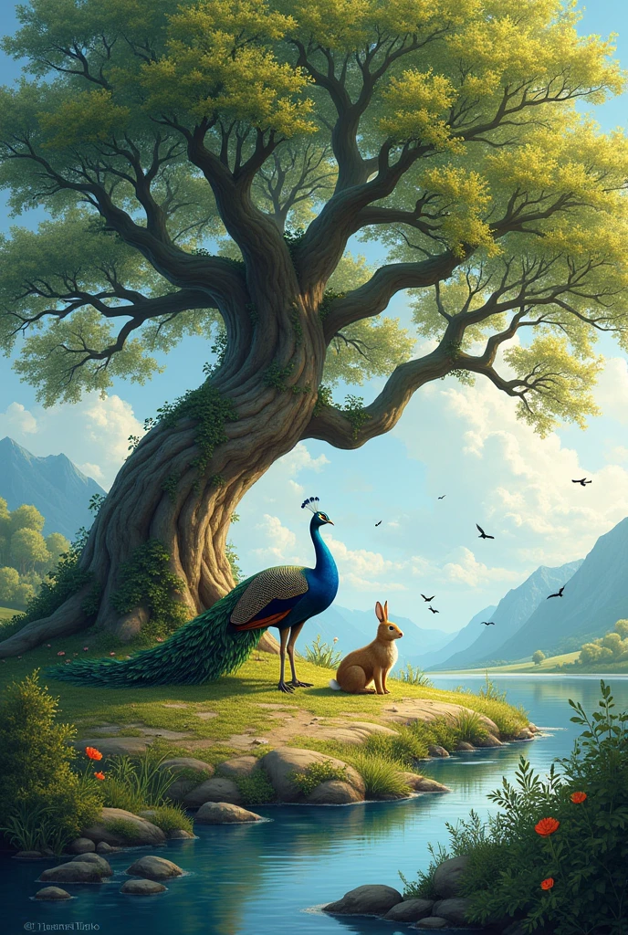 Tree under river with peacock and birds and rabbit