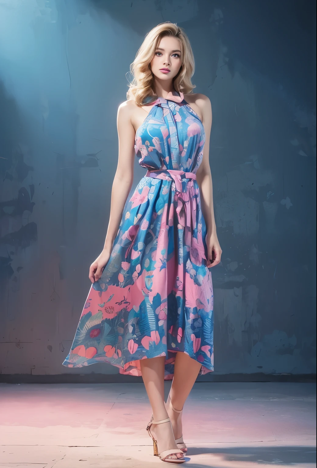 (masterpiece), (best quality), (digital painting), A beautiful blonde with long wavy hair , thick eyebrows, blue eyes, curled eyelashes, facial details, long hair,, (bright silk color pink blue batik shirt cloth_ patterns), skirt step patterns batik design, fabric art, flat illustration, Vector, 4K, Art station shop street background, Highly detailed, intricate, 8k octane rendering