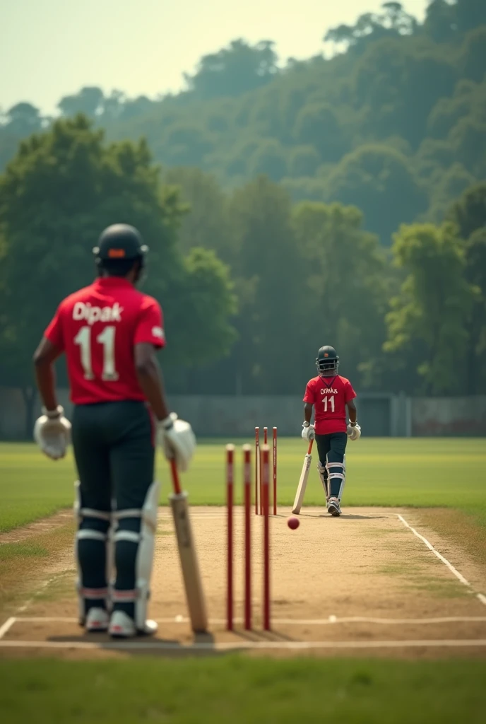 Cricket aeacedamay natural ground batsman india Jersey  Jersey number 11 jersy name dipak  glovese bat three stumps bowler run up batsman in play bowl  pitch  to tans red bal piching for pitch