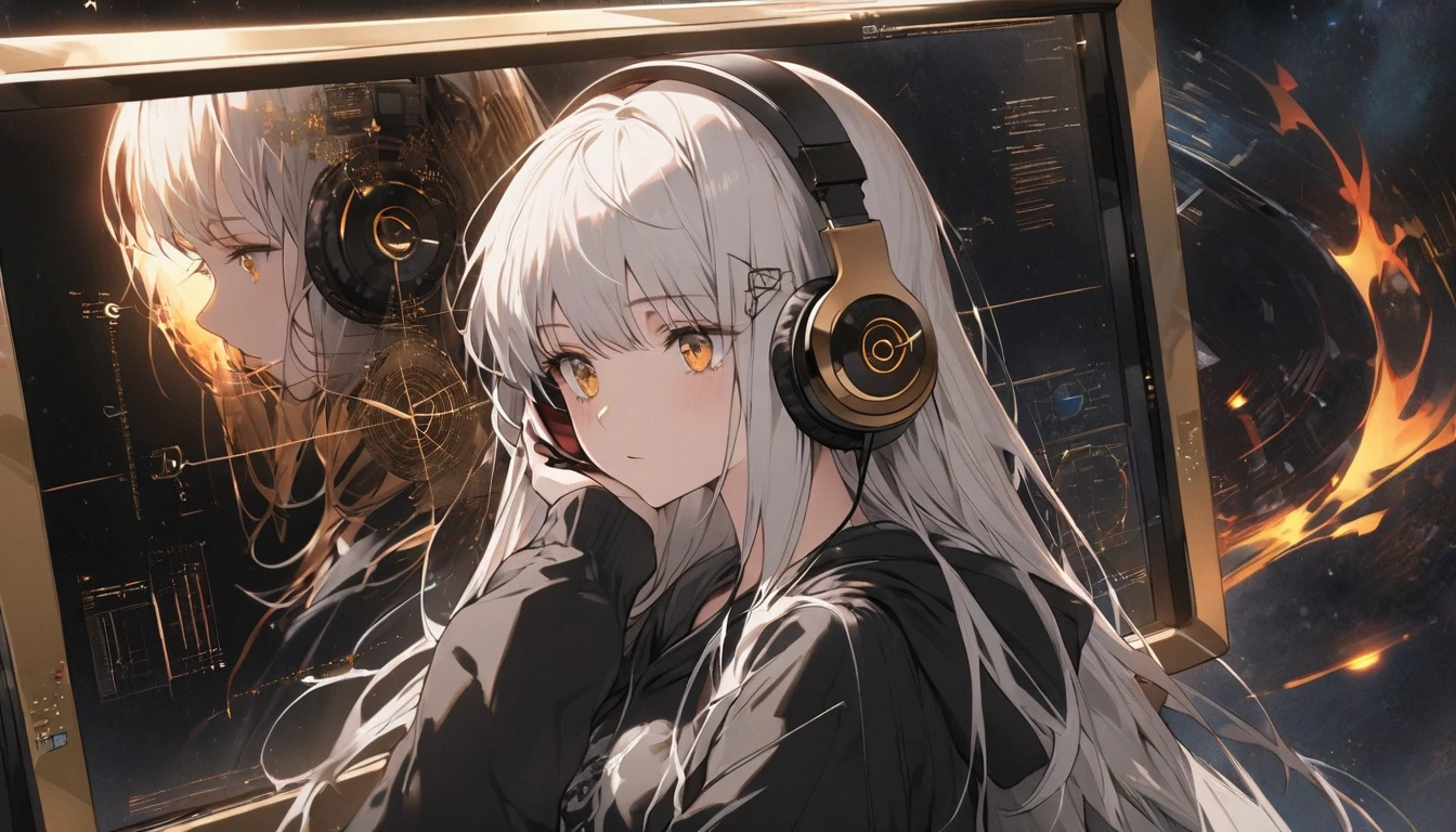 A woman operates a transparent touch panel monitor in the space in front of her face、Silver Hair、Semi-long hair、Put on some cool headphones,{{{{{{{{ Oversized black hoodie }}}}}}}},Beautiful and delicate golden eyes,thought,Black clothes, Detailed Background, Golden Ratio, High resolution burning, 