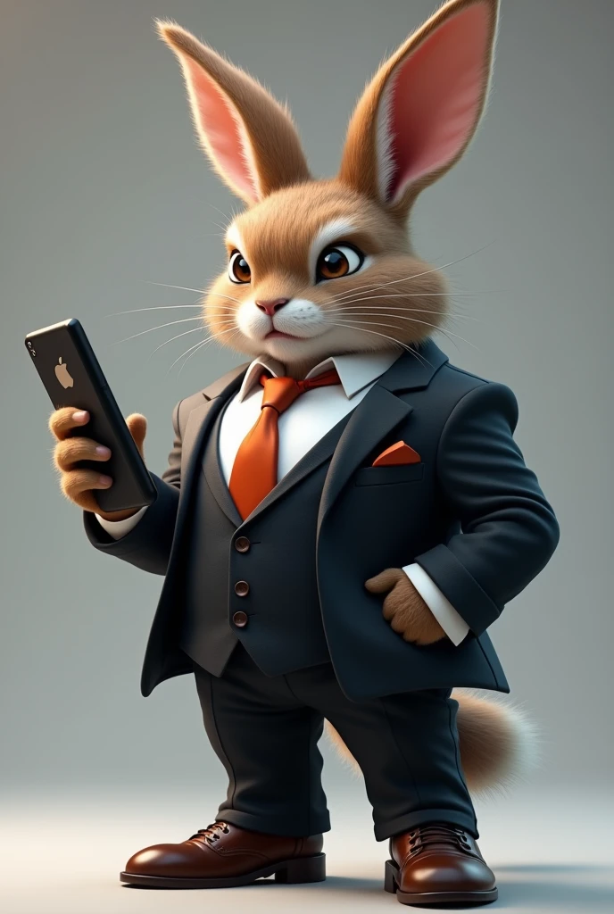 Chamoda is a fierce rabbit dressed in a suit holding a phone in his hand