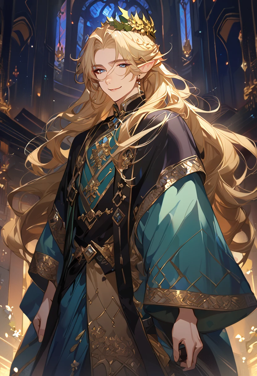 masterpiece, best quality, 8k ,4k , 1male, elf King, Golden Blond, Blue greenish eyes, gold wreath crown, hair ornament, long hair, finely detailed eyes and detailed face, looking at viewer, black sleeveless, half robe, patterned clothes, gold embroidery clothes, meticulous clothes, mature clothe, majestic looks, smiling gently, small bird, full body, inspired by Asukaziye artist : ask, art style : ask