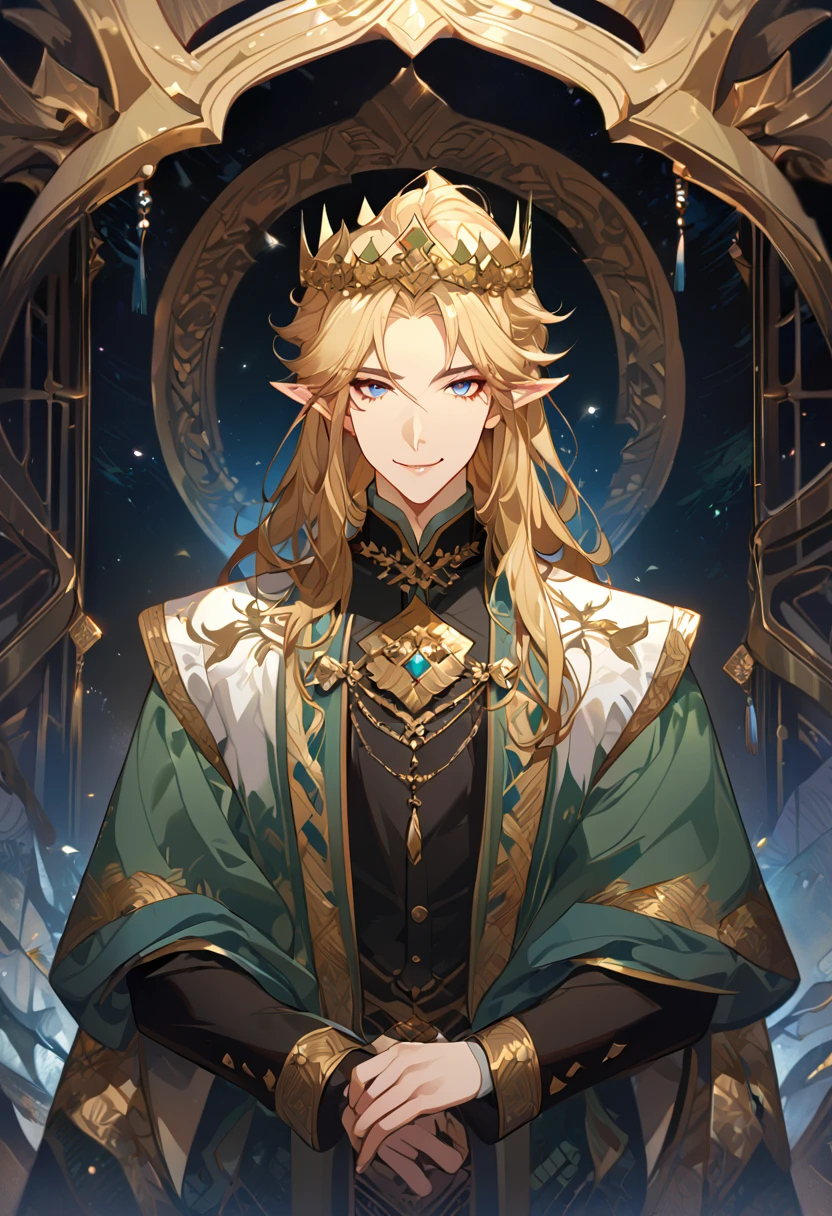 masterpiece, best quality, 8k ,4k , 1male, elf King, Golden Blond, Blue greenish eyes, gold wreath crown, hair ornament, long hair, finely detailed eyes and detailed face, looking at viewer, black sleeveless, half robe, patterned clothes, gold embroidery clothes, meticulous clothes, mature clothe, majestic looks, smiling gently, small bird, full body, inspired by Asukaziye artist : ask, art style : ask
