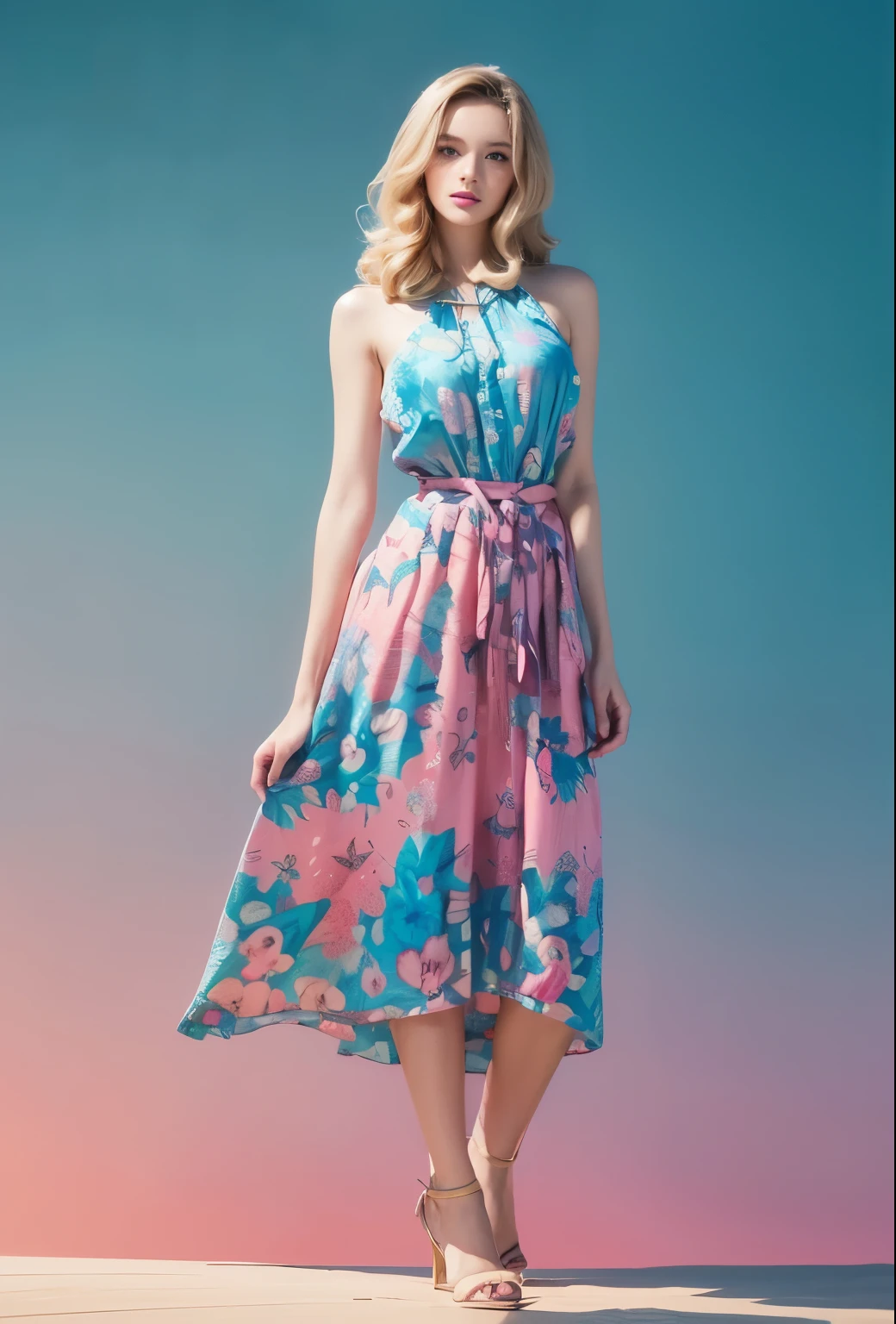 (masterpiece), (best quality), (digital painting), A beautiful blonde with long wavy hair , thick eyebrows, blue eyes, curled eyelashes, facial details, long hair,, (bright silk color pink blue batik shirt cloth_ patterns), skirt step patterns batik design, fabric art, flat illustration, Vector, 4K, Art station shop street background, Highly detailed, intricate, 8k octane rendering