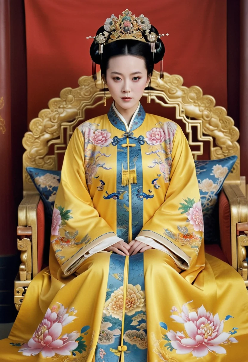 From before the Qing, The Empress sits naked on a golden sofa in the palace, Her eyes are wide open, Her legs were spread, big naked breasts. At the Chinese court during the Qing Dynasty, Empress of the Qing Dynasty, Empress of China, Wearing a large crown, When viewed from below, the abdomen and thighs are visible..。She is completely naked, Showing off gorgeous large flowers and hairpins, She tied her hair up and pulled it up, 背景はEmpress of the Qing Dynastyの豪華な宮殿.