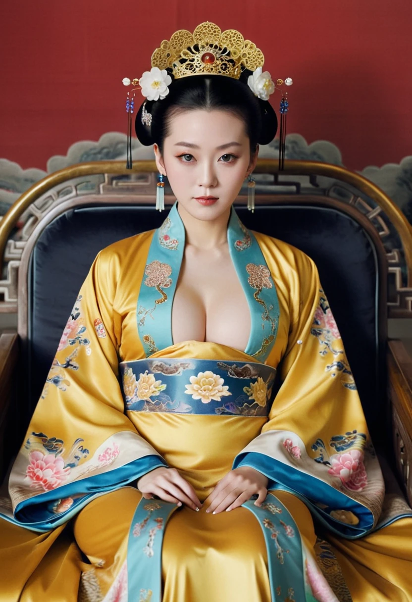 From before the Qing, The Empress sits naked on a golden sofa in the palace, Her eyes are wide open, Her legs were spread, big naked breasts. At the Chinese court during the Qing Dynasty, Empress of the Qing Dynasty, Empress of China, Wearing a large crown, When viewed from below, the abdomen and thighs are visible..。She is completely naked, Showing off gorgeous large flowers and hairpins, She tied her hair up and pulled it up, 背景はEmpress of the Qing Dynastyの豪華な宮殿.