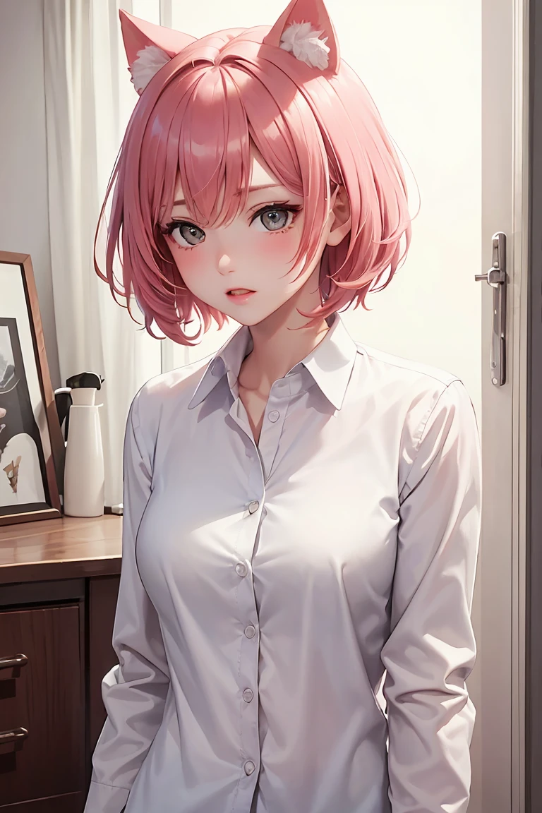 masterpiece, top quality, best quality, official art, beautiful and aesthetic,, , 1girl with cat ear, perfect figure, pink hair, complex details, secondary animation style, bedroom, sunny day, request for help, (white shirt:1.5), spoken blush, misty eyes, low head, trembling body, waiting for male ,