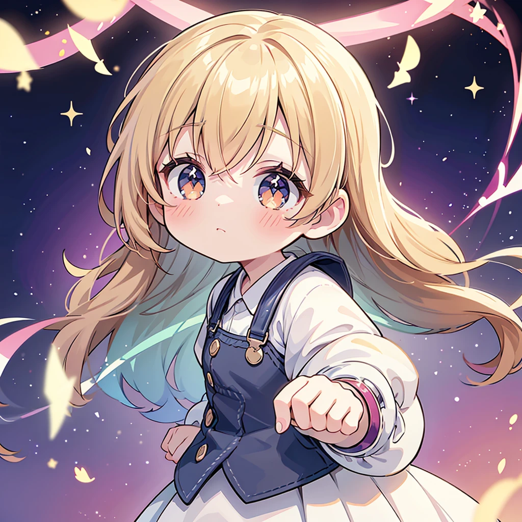 best quality, incredibly absurdres, extremely detailed, 2.5D, delicate and dynamic, chibi, cute girl, wearing baggy clothes, sparkly and vivid color effects, background another dimension