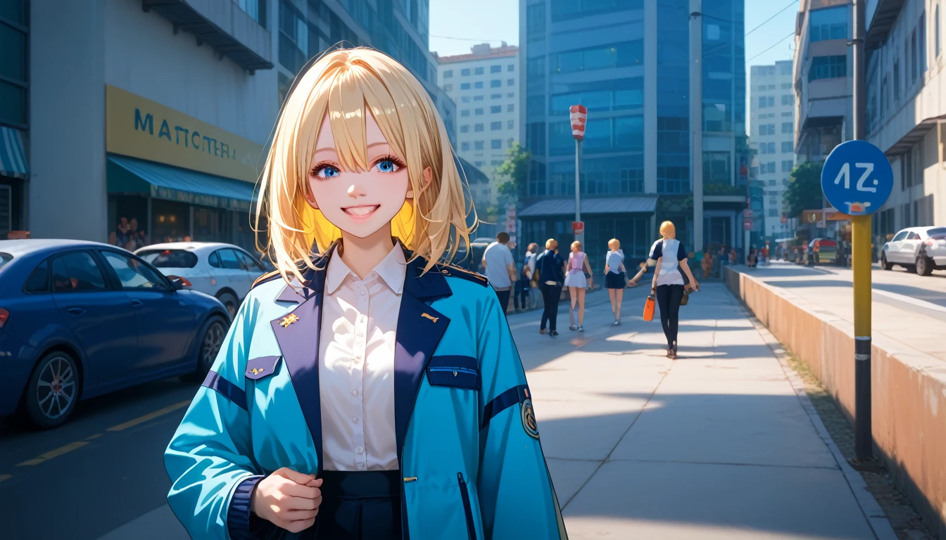 Christian, 1 girl, One, Krista Renz, smile, hair between eyes, Blue eyes, blonde hair, Jacket, medium hair, full height, masterpiece, bright colors, Shine, high quality, Full elaboration of details, Bright Light Alive,cinematic film still,score_9,score_8_up,score_7_up,masterpiece,best quality,8k,source_cartoon,source_アニメ