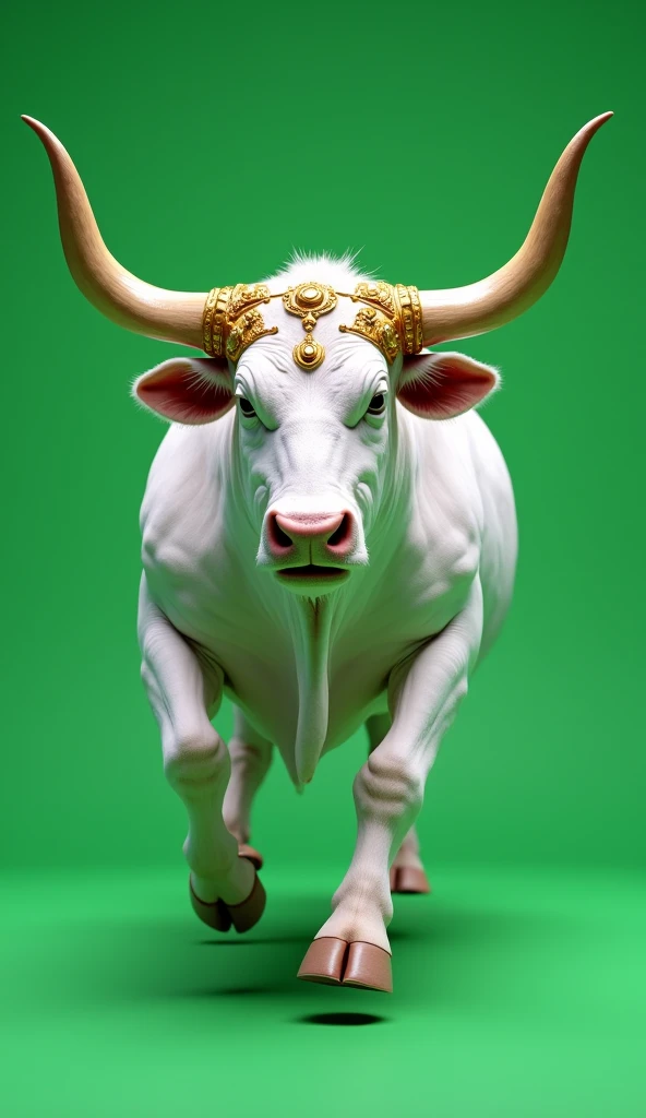 Angry white  bull with long horns and having lots of  gold ornaments, running to dash greenscreen background 

