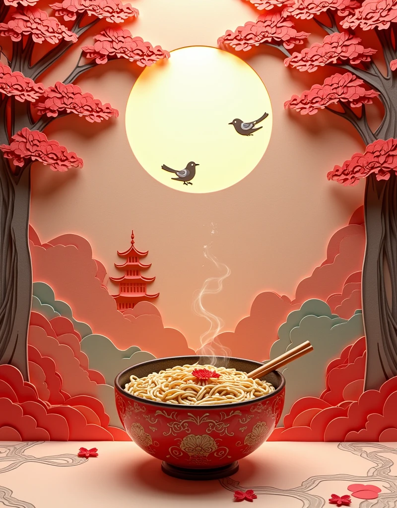 A paper cut, super detailed, kirigami art, a paper cut demonstrates a bowl of chinese noodle soup on a table, behind the noodle bowl are trees and bird and a silhouette of an ancient chinese house