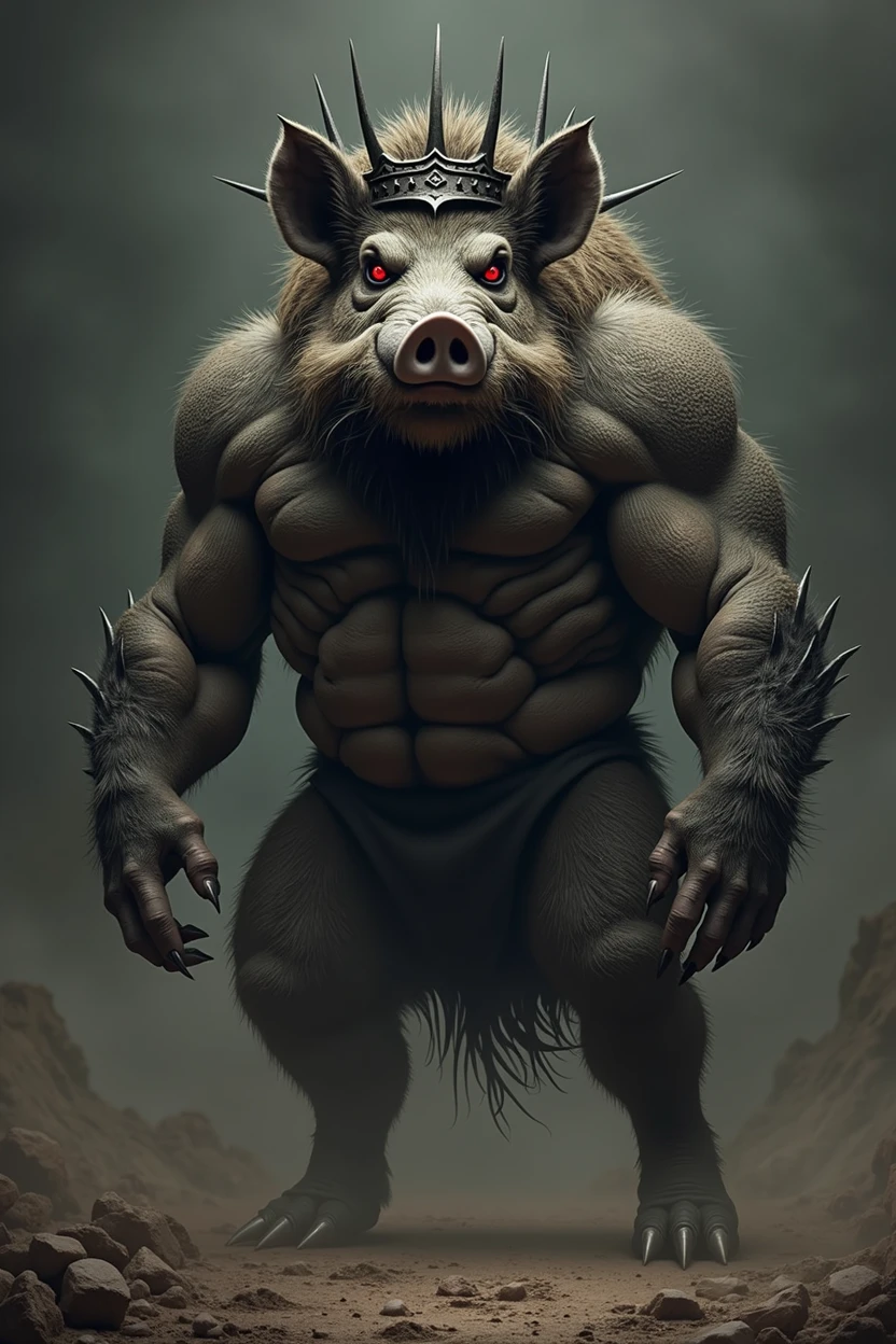 Wild boar shows off its muscles while standing on two legs. On its head is a red-eyed crown. scary and fierce