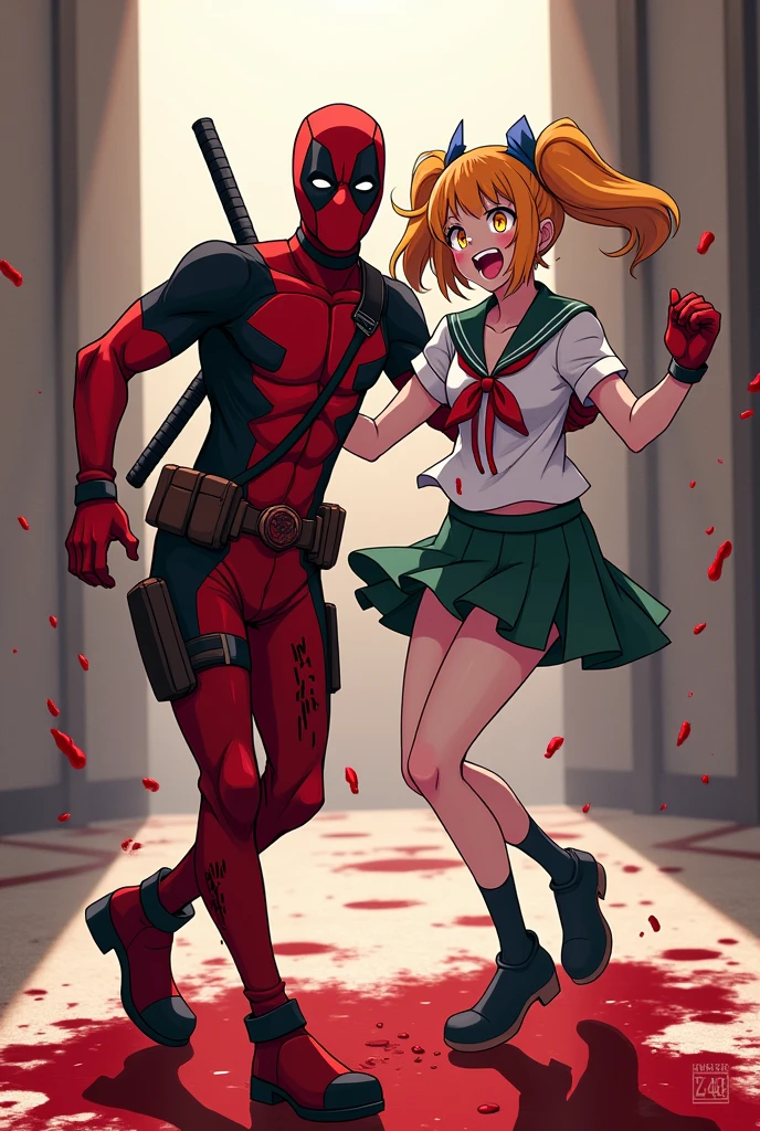 Make an anime version of the original Deadpool from Marvel Comics, all silly and happy, having fun and dancing while the floor and clothes around him are covered in blood as he dances side by side with the character Himiko Toga, the villain from Boku no Hero Yandere with yellow eyes, with the two having a lot of fun even with both of them covered in blood.