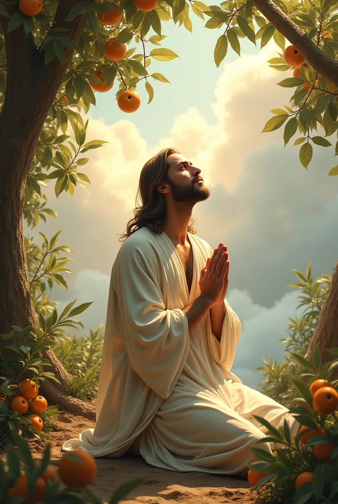 (photorealism:1.2), handsome Jesus Christ, praying kneel under the trees that full of clouds and sorrounded of many fruits, wearing white king clothes with light in his head and heart spreading all over, perfect five finger, Jesus Christ beautiful hair, outdoors, soft lighting, clouds in background, beautiful sunlight, perfect paradise and clouds, relaxed pose, realistic, intricate details, warm colors,