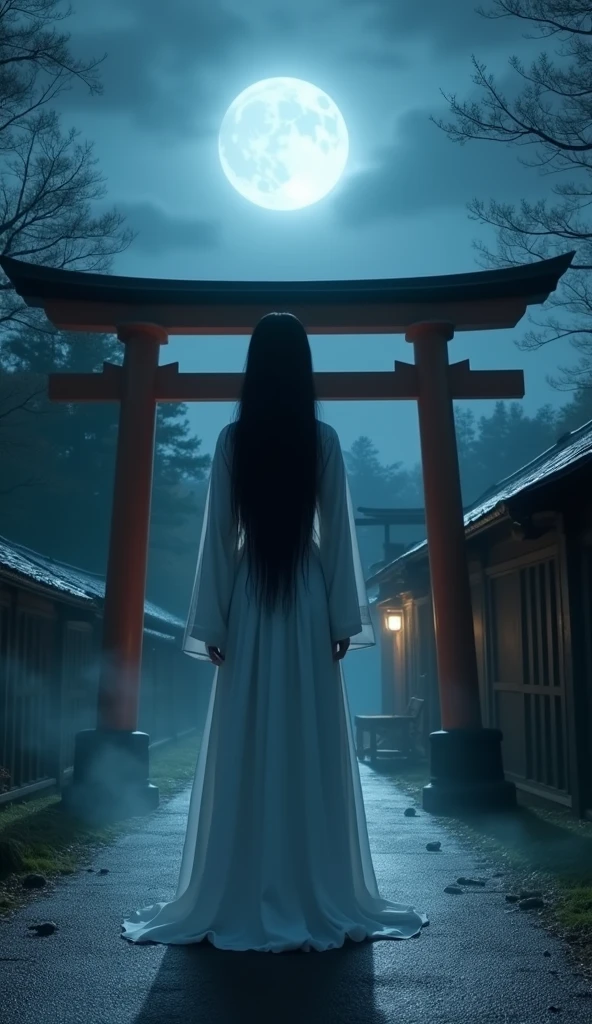 "Create a highly realistic, 8K resolution image set in a rural Japanese village at night, featuring 'Hachishaku-sama' or 'Eight Feet Tall,' a tall, ghostly woman from Japanese folklore. She stands ominously near a traditional torii gate, her figure towering and ethereal. Dressed in a long, flowing white robe, her black hair cascades down her face, obscuring her features. The scene is bathed in an eerie, bluish moonlight, casting long shadows across the ground. In the background, an old, dimly lit wooden house adds to the unsettling atmosphere, with mist rising from the ground and the trees surrounding her adding a haunting touch to the scene."
