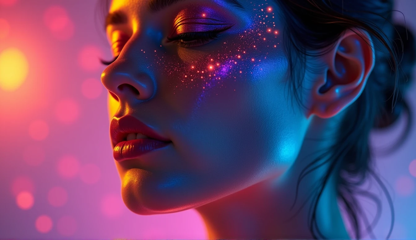 (close), Portraiture, Portraiture, (alone), masterpiece, Highest quality, Clothes with strong contrast, psychedelic, [[[lsd]]], particle, bloom, Neon lighting, (Shine), Flat Color, Splashes of color, Mixing colors universe background