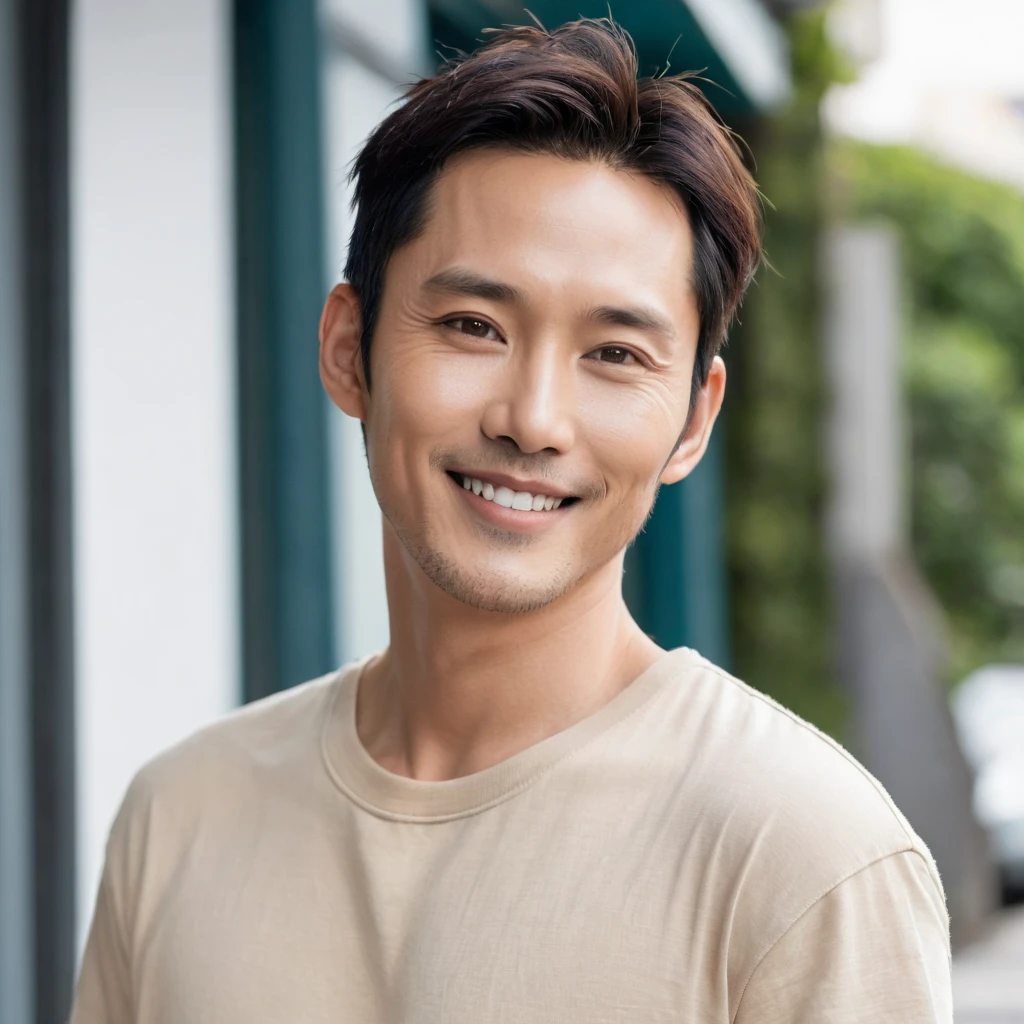 Portrait photo of an attractive young French-Japanese man, Handsome K-Pop idol faces, From the side, Movie stills, ((alone)), (Looks like Won Bin: 0.9), He is 40 years old, Height: 176cm, smile, Black haired shaven head. He has electric brown eyes、Wearing a beige T-shirt, Ripped jeans, And red sneakers. He has multiple tattoos (There&#39;s a dragon on my arm, Phoenix on neck), He wears big glasses, Background colorful graffiti, Nighttime light bulb included, Bokeh, silhouette, Shallow depth of field, Leica SL3, Summicron SL75f/2. Asf, Kodak Gold 200 Film,mysterious