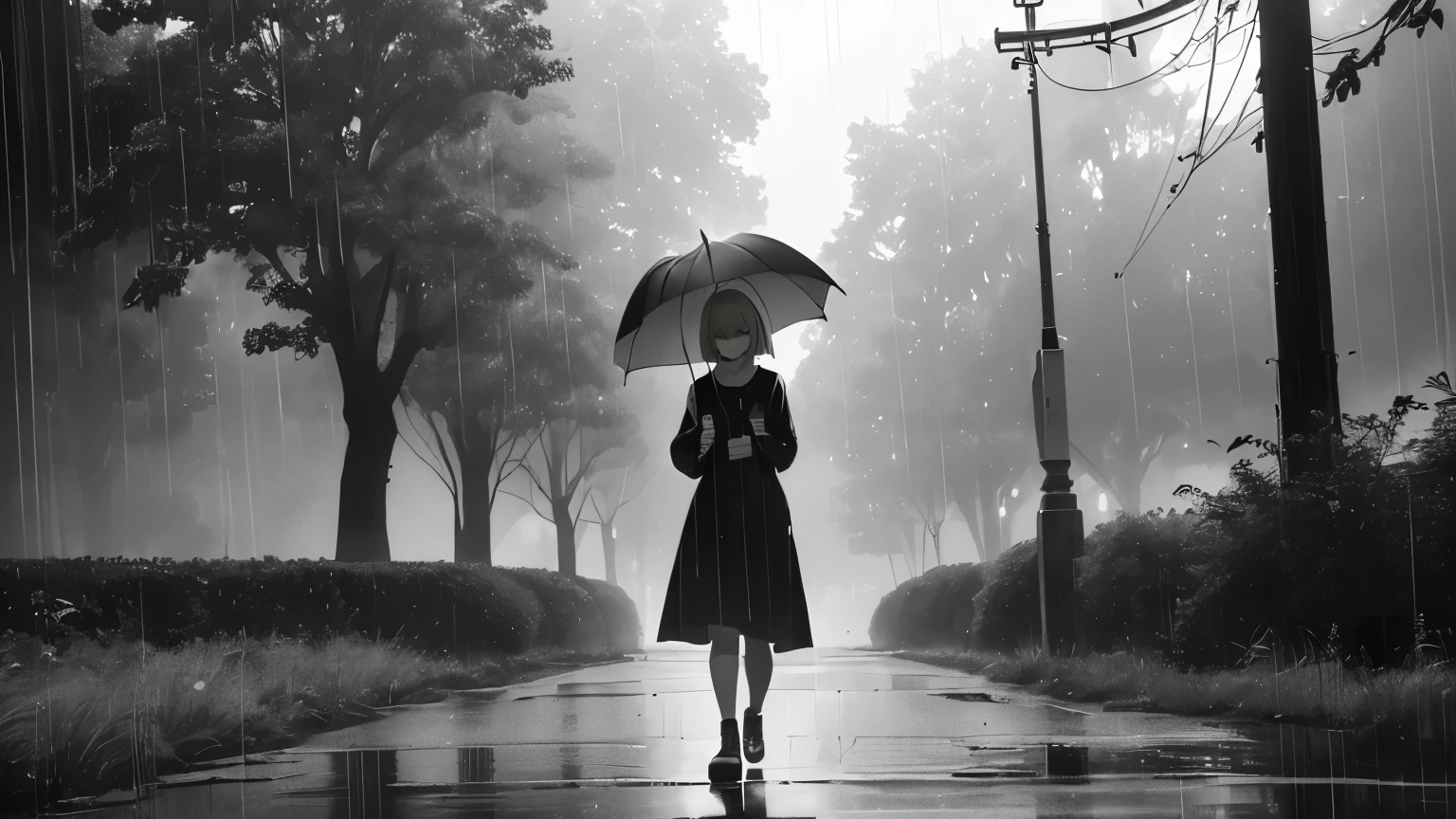 ((20-year-old woman,Short blonde bob hair,She is walking through an huge park in the Uneasy atmosphere world)),There is no one in the park,((Sky in the clouds,In a monochrome world,Atmosphere in the rain)),There's a faceless monster in the park,Uneasy atmosphere.