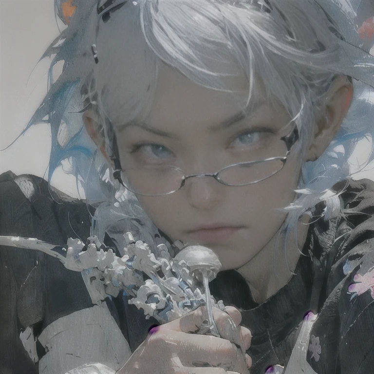 One girl, Blue Hair/Light blue hair, Glasses, High resolution, Anatomically correct, Shortcuts, Close-up, Off-screen, Hair Flower, Japanese illustration style,