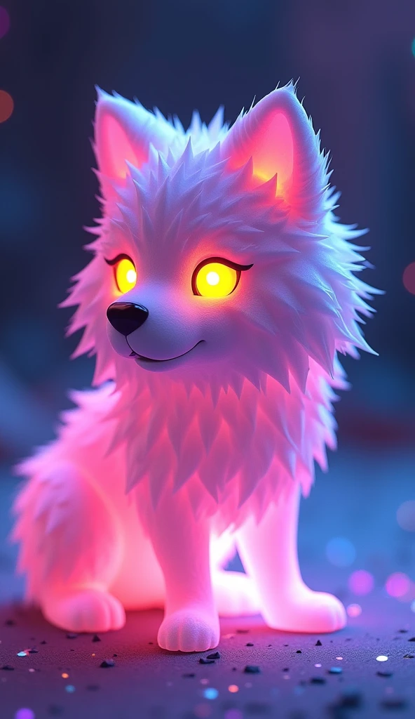 매혹적인 3D rendering은 빛나는 것을 보여줍니다., A very fluffy baby wolf sculpted entirely from crystal, glowing with vibrant neon colors. This low poly creature looks out of this world, Its big, Glowing low poly eyes that grab the viewer&#39;s attention. With a beautiful bokeh background, The glowing wolf is the main focus of this piece.., Inspiring wonder and awe. The innovative use of neon hues and low-poly style in this conceptual art design highlights the artist's creativity and innovative approach to 3D rendering, It made it a truly fascinating and unique piece of art..., vibrant, 3D rendering, product, conceptual art, picture