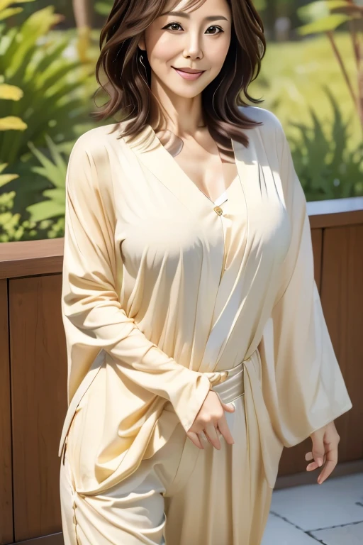Highest quality, masterpiece, Ultra-high resolution, Realistic,40-year-old Japanese woman , smile, long hair, smile, Casual clothing、Long trousers, Detailed skin,garden、stroll、Brown Hair