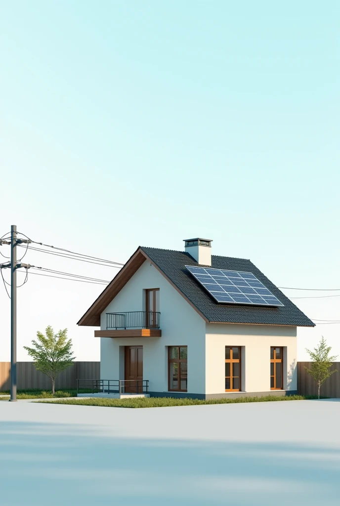 Create an image featuring a modern house centered in the frame with a pitched roof that slopes towards the viewer's perspective. On the left side of the roof, a solar panel is positioned slightly above roof height. Additionally, on the far left side of the image, include an electric utility pole resembling those used by EDF, with visible power lines extending from it. The background should be clean and professional, with a bright, clear sky and no distractions. The overall image should appear highly realistic, with detailed textures and lighting to ensure it looks suitable for professional use. Something like an illustration to give explication to customers. I need the solar panel not on the roof but above the house an arrow between house panel and at the left next to the ouse an electric utility pole for high volture with an arrow from the house to the electric pole