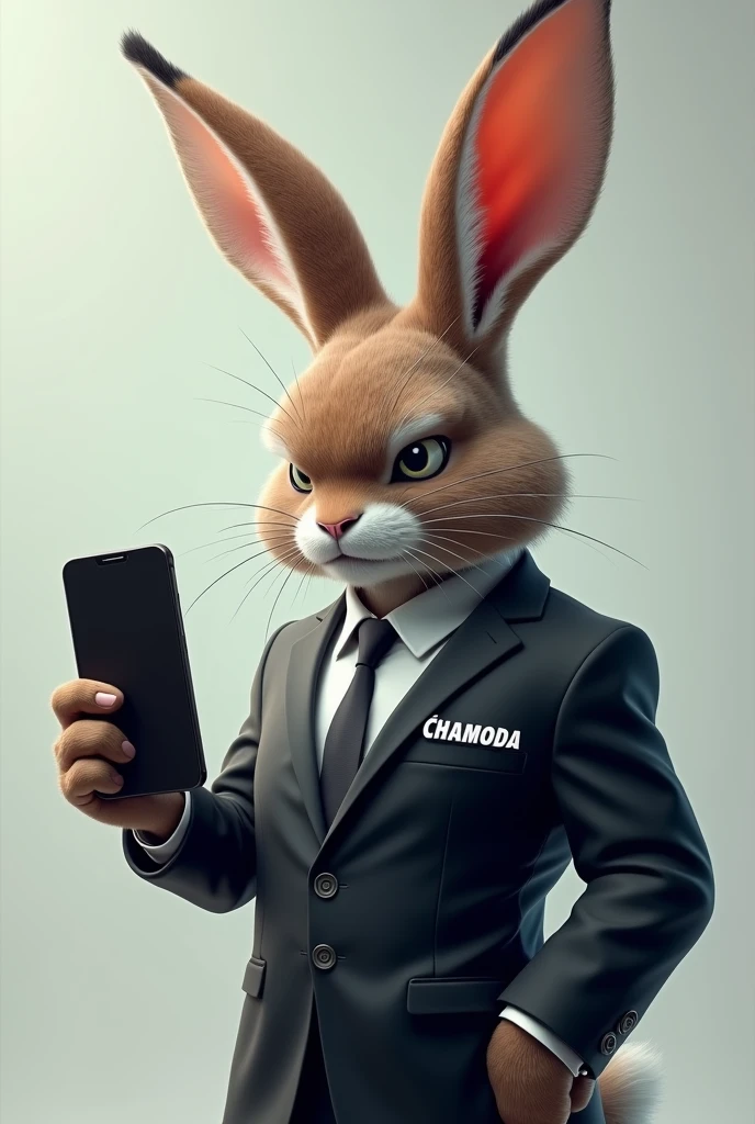 A fierce rabbit in a suit holding a phone in his hand, Chamoda is written on the suit