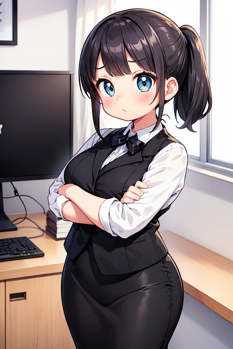 Beautiful illustration, best quality, cute girl, ((In an office)), pastel color, natural tones, ((Dark ponytail)), ((Black elegant suit)), ((Black skirt)), ((Standing)), ((Looking at viewer)), ((Curvy body)), ((Pout)), ((Dissapointed)), (Blush), bright lighting, ((Big eyes)), ((Crossed arms))