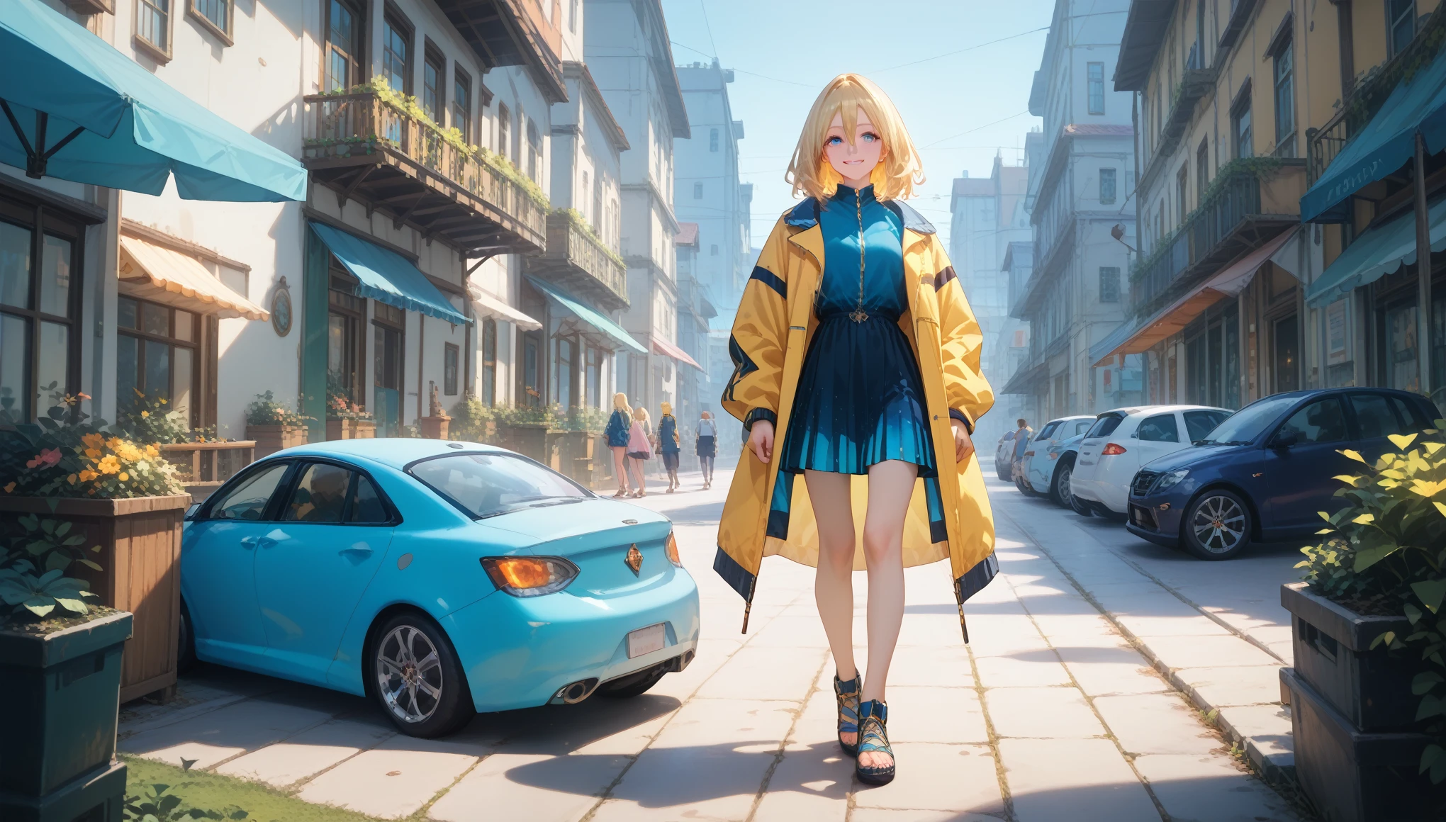 Christian, 1 girl, One, Krista Renz, smile, hair between eyes, Blue eyes, blonde hair, Jacket, medium hair, full height, masterpiece, bright colors, Shine, high quality, Full elaboration of details, Bright Light Alive