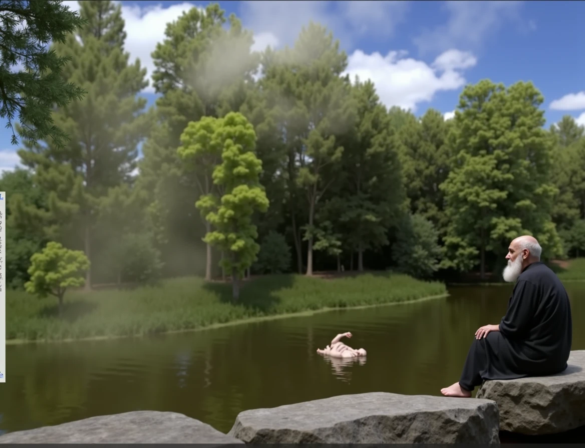 (photo:1.2) of a photorealistic image of a wise old man sitting on a stone near the bank of a river. The old man sees a floating human dead body, passing in the river. Human dead body floating belly down, head underwater. A human body floating face down in a river. Half-submerged lens reveals his ultra-slim deformed by water figure in a grey loose dress. Masterpiece, best quality, 8K, photo realistic, wallpaper, wallpaper 8k, photographic contest winner, Hyperrealistic art cinematic film still photography in the style of detailed hyperrealism photoshoot. [Entire scene is surrounded by lights, evoking a magical and eerie atmosphere. The lighting is bright and atmospheric, with smoke adding a touch of sinister ambiance. Best quality image, HDR enhancement, showcasing the utmost level of detail and realism]. [8K, Best Quality, Ultra High Resolution, (highly detailed CG unity 8k wallpaper), (best photo), (best shadows), isometric 3D, octane rendering, ray tracing, highly detailed, (Best quality, 4K, 8k:1.2), absurdity, ultra detailed, (realistic, photorealistic, photorealistic:1.37), complex parts, HDR, (complex parts:1.12), (hyper detailed, hyper realistic, Soft lighting, spicy:1.2), (complex parts, Hyper detailed:1.15). Blurred foreground. (backlit), masterpiece, high quality, brightness, chromatic aberration, foggy smoke, shadows, contrast, clear sky, (warm hue, warm tone), high details, natural reflections].