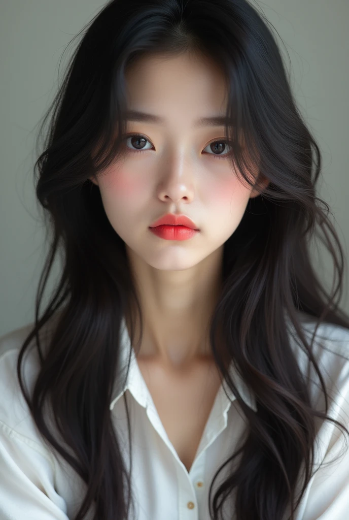 A young Vietnamese woman with long dark hair, wearing a white shirt and red lipstick, looking directly at the camera with a thoughtful expression, realistic skin, white skin