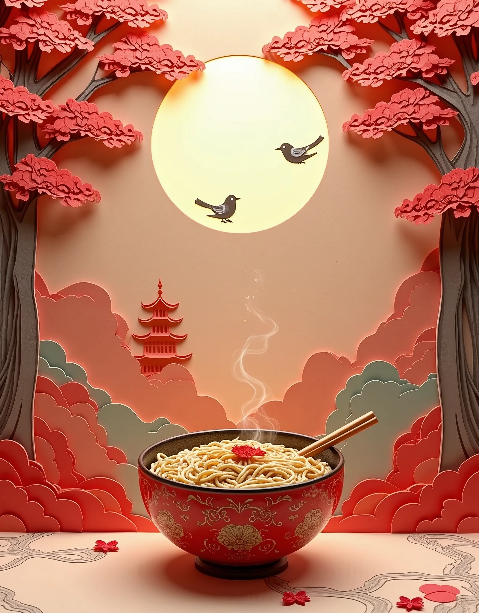 A paper cut, super detailed, kirigami art, a paper cut demonstrates a bowl of chinese noodle soup on a table, behind the noodle bowl are trees and bird and a silhouette of an ancient chinese house