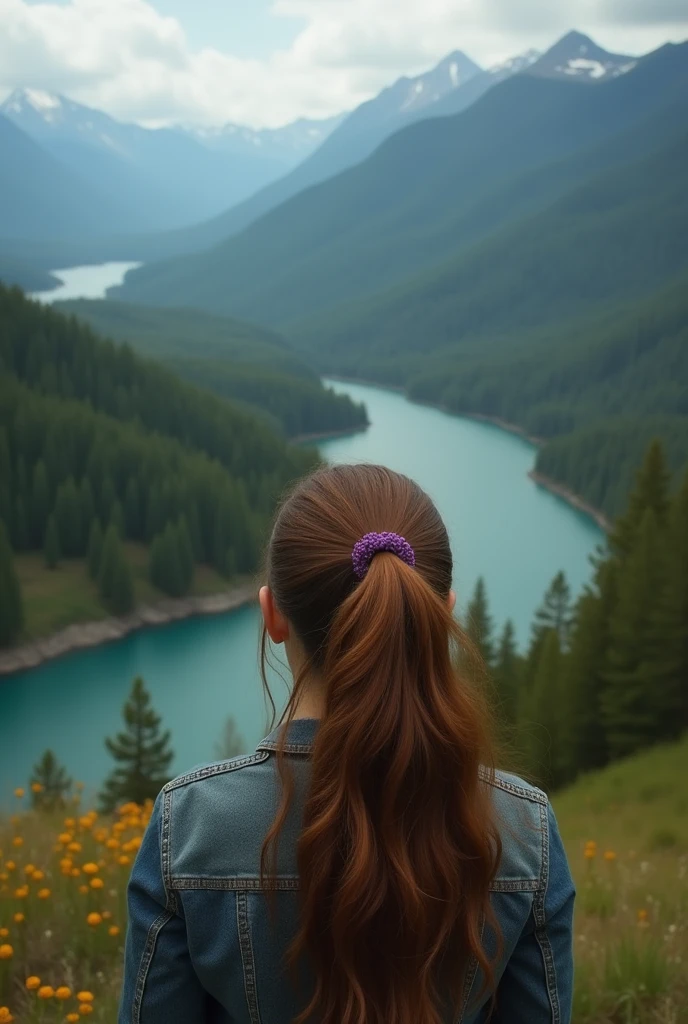 high resolution, masterpiece, high quality, HD, Focus on a young woman's face, Human Model, Overlooking Large forest from Back, mountain landscape, forest, nature, river