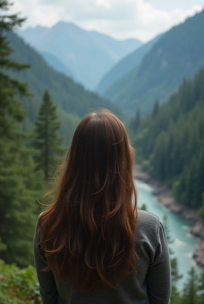 high resolution, masterpiece, high quality, HD, Focus on a young woman's face, Human Model, Overlooking Large forest from Back, mountain landscape, forest, nature, river