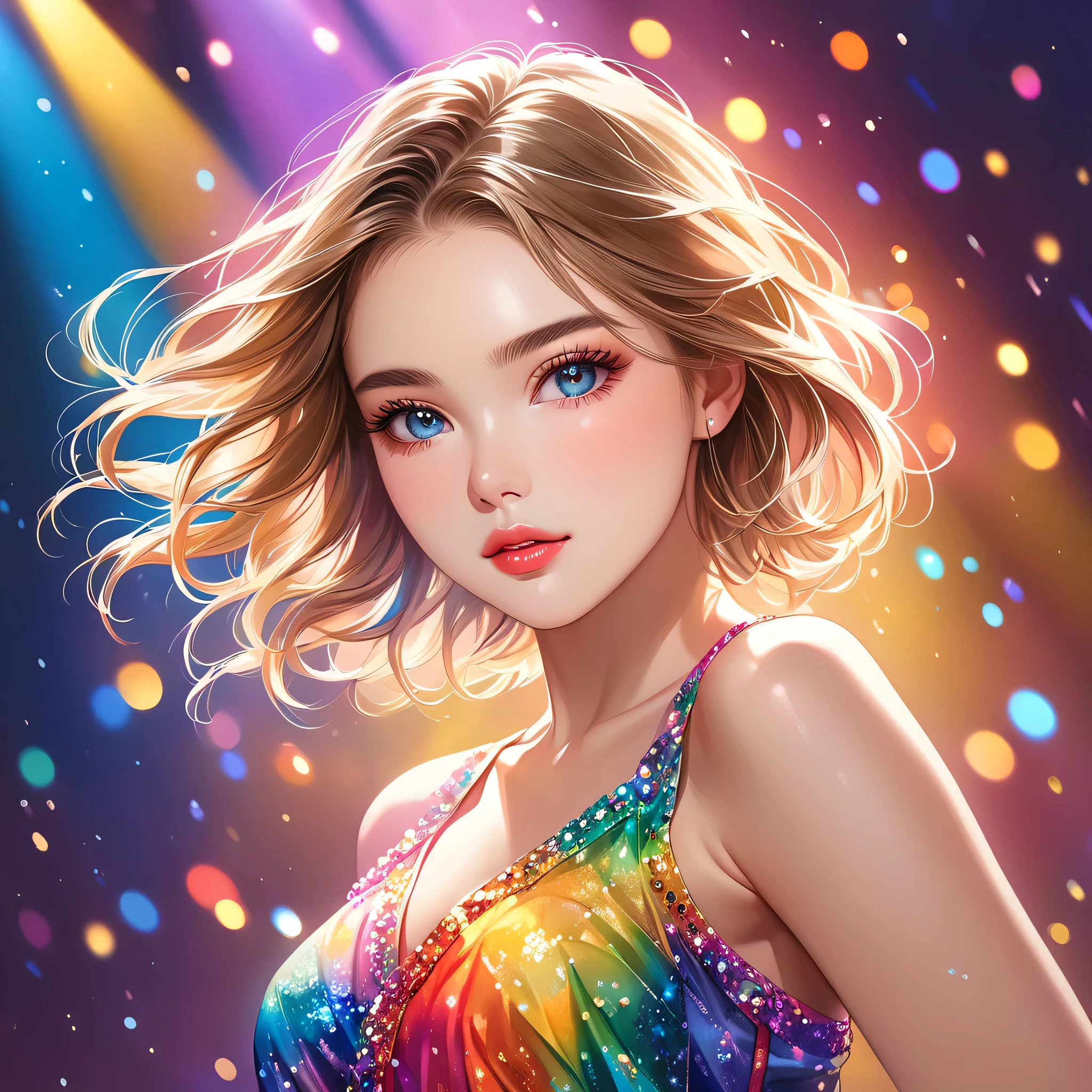 (best quality, highres, realistic:1.37), vivid colors, studio lighting, portraits, bokeh, oil painting, detailed eyes and face, beautiful detailed lips, long eyelashes, youthful appearance, energetic pose, dynamic movement, stage performance, solo performance, minimalist style, colorful clothes, vibrant background, dreamy lighting. anatomical correct:2