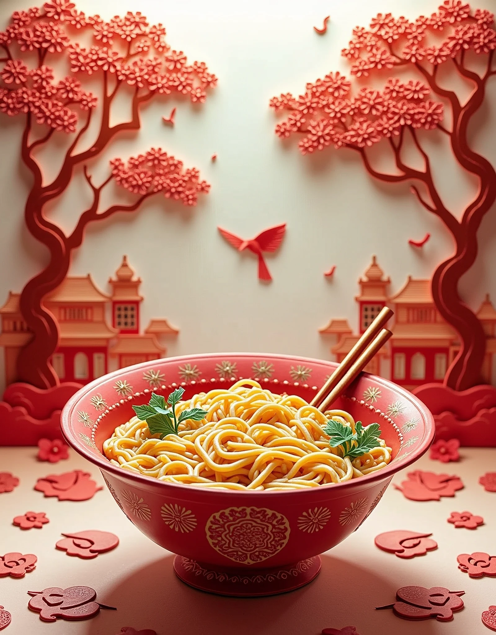 A paper cut, super detailed, kirigami art, a paper cut demonstrates a bowl of chinese noodle soup on a table, behind the noodle bowl are trees and bird and a silhouette of an ancient chinese house