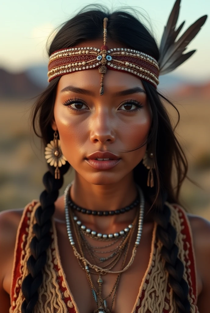 Portrait of Marie Agropolous as Pocahontas, Young beautiful Native American woman, Perfectly symmetrical face, Aboriginal feather jewelry, Traditional handmade clothing, Armed female hunter warrior, (((The Wild West))) environment, Utah Landscape, Surreal, Concept Art, elegant, ((complex)), ((Very detailed)), Depth of Field, ((Professional color grading)), 柔和的environment照明, dusk, 8K, Art work：artgerm、greg rutkowski 和 alphonse mucha