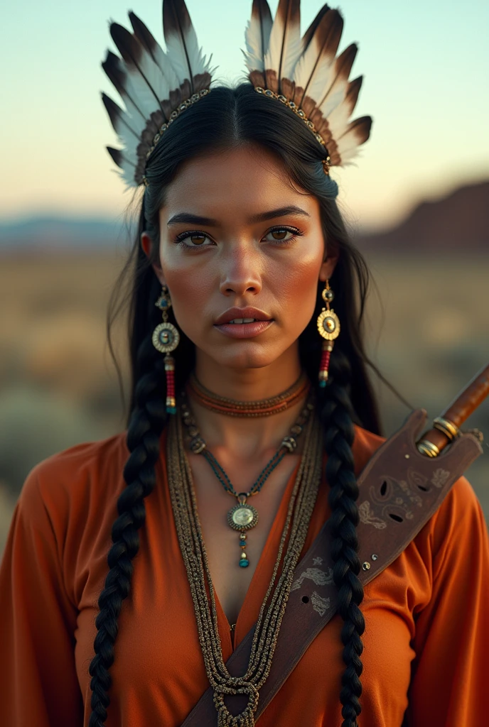 Portrait de Marie Agropolous en Pocahontas, beautiful young native american woman, perfectly symmetrical face, Aboriginal Feather Jewelry, vêtements traditionnels faits à la main, armed hunter warrior, (((L&#39;ouest sauvage))) environnement, Landscape of the&#39;Utah, surrealist, Art conceptuel, elegant, ((Complexe)), ((very detailed)), depth of ﬁeld, ((étalonnage professionnel des couleurs)), Soft environmental lighting, dusk, 8k, ouvrages d&#39;art：artgerme、Greg Rutkowski et Alphonse Mucha