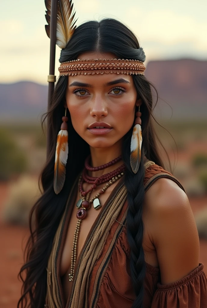 Portrait of Marie Agropolous as Pocahontas, Young beautiful Native American woman, Perfectly symmetrical face, Aboriginal feather jewelry, Traditional handmade clothing, Armed female hunter warrior, (((The Wild West))) environment, Utah Landscape, Surreal, Concept Art, elegant, ((complex)), ((Very detailed)), Depth of Field, ((Professional color grading)), 柔和的environment照明, dusk, 8K, Art work:artgerm、greg rutkowski 和 alphonse mucha