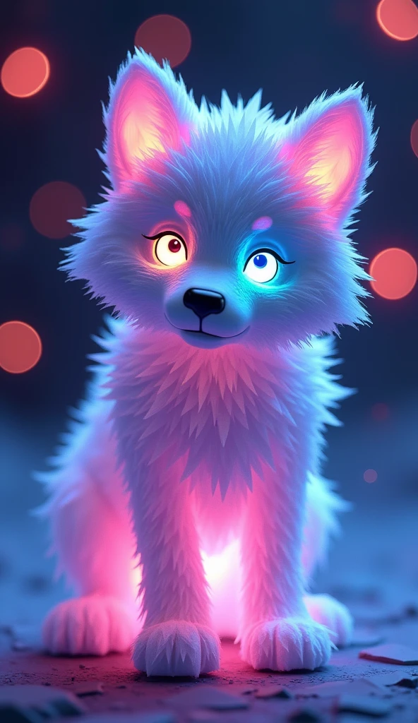 매혹적인 3D rendering은 빛나는 것을 보여줍니다., A very fluffy baby wolf sculpted entirely from crystal, glowing with vibrant neon colors. This low poly creature looks out of this world, Its big, Glowing low poly eyes that grab the viewer's attention. With a beautiful bokeh background, The glowing wolf is the main focus of this piece.., Inspiring wonder and awe. The innovative use of neon hues and low-poly style in this conceptual art design highlights the artist's creativity and innovative approach to 3D rendering, It made it a truly fascinating and unique piece of art..., vibrant, 3D rendering, product, conceptual art, picture