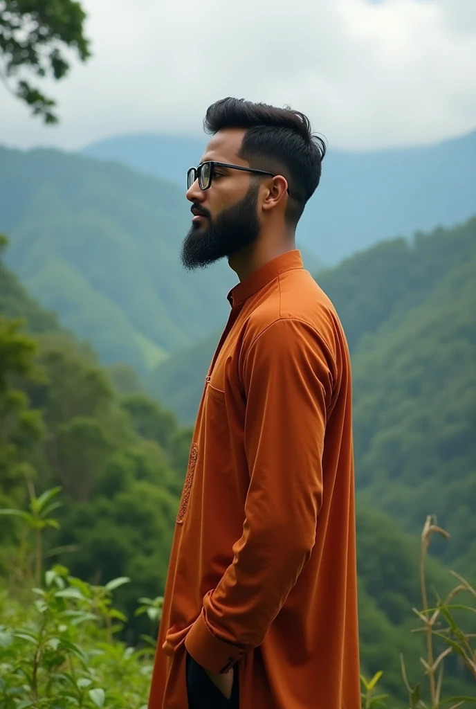 A smart young Islamic scholar is standing in the most beautiful spot in Bandarban, striking a stylish pose. He has a modest beard and short hair, without a cap. He wears simple glasses and is dressed in a Bengali panjabi... look like masterpiece...  Pic has detailed.
Bangladeshi...more beard....  Dress is indian panjabi.  More beard