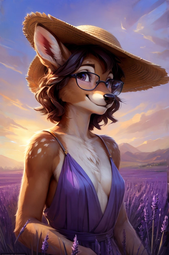 uploaded on e621, artstation, by Pixelsketcher, by Bayard Wu, by Thomas Benjamin Kennington , by Einshelm, by hioshiru and kenket, Chunie, portrait, solo anthro female deer doe, with small featureless breasts, clear dark blue, cinematic lighting, day, sunny day, lavender field, stays in a lavender field, lavender field background, mediterranean background, horizon background, shiny, short curly dark brown hair, wears big black nerd glasses, very very beautiful furry art, furry art, smiling, joyful, shiny, happy, feminine, cute face, muzzle, fluffy chest, flawless face, Fallow deer, 1girl, Sakimichan is beautiful, Masterpiece, Wavethesallow Face, shiny, Detailed image, portrait, Detailed image, portrait, full body, wearing pure white and wide spaghetti straps summer dress, wearing beige summer straw hat, shiny, realistic face, perfect anatomy, hourglass body, (furry body:1.1), anthropomorphic deer, looks at the viewer, small fluffy tail, detailed background, (cute anatomy:1.1), walks in a lavender field, a few cypress trees in the background