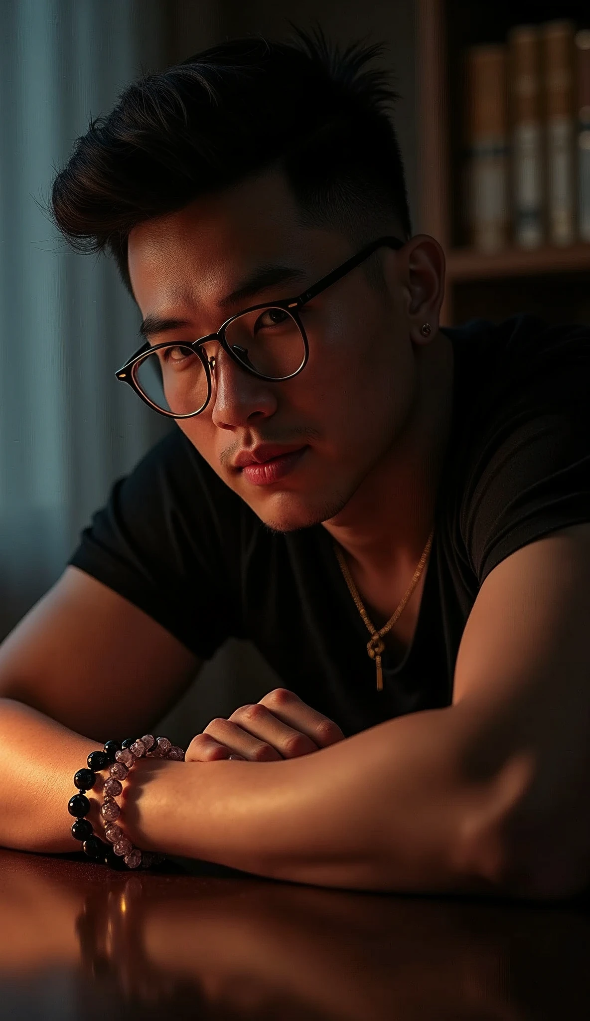 nsfw, best quality, masterpiece, extremely detailed, masculine, sexy, homoerotic, 25 year old bruneian malay man, wearing glasses, round face with chubby cheeks, muscular build, cheeky smile, fitted clothes, rose quartz crystal pendant, bead bracelet, bends forward and elbows on a table, in library, side view, afterhours, lights off, at midnight, cinematic shadows, dreamy atmosphere, perfect face, perfect hands, perfection