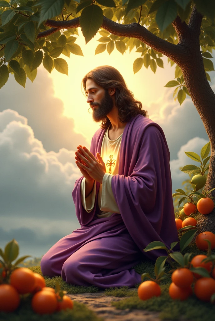 (photorealism:1.2), handsome Jesus Christ, praying kneel under the trees that full of clouds and sorrounded of many fruits, wearing purple king clothes with light in his head and heart spreading all over, perfect five finger, Jesus Christ beautiful hair, outdoors, soft lighting, clouds in background, beautiful sunlight, perfect paradise and clouds, relaxed pose, realistic, intricate details, warm colors,